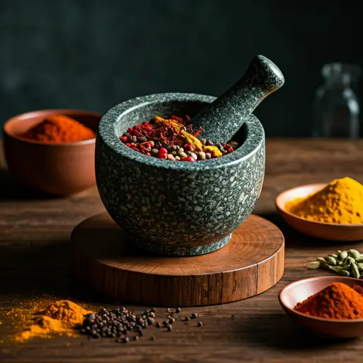 Colorful Indian spices being blended in a stone mortar